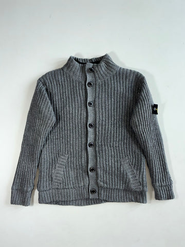Stone Island Grey Ribbed Knit High Neck Button-Up Cardigan with Compass Badge (L)