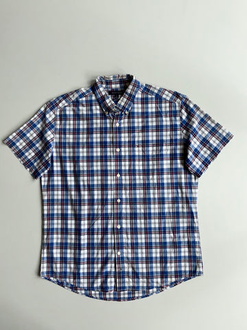 Tommy Hilfiger Blue White Plaid Check Short Sleeve Shirt (XL)