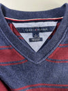 Tommy Hilfiger Navy & Maroon Striped V-Neck Pima Cotton Sweater (XL)