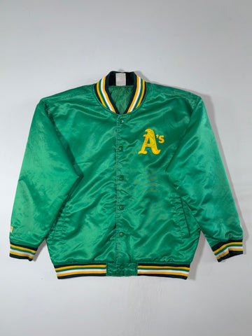 Vintage Majestic Oakland A's Green Satin Bomber Jacket (2XL)