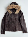 Papion Faux Fur Hooded Brown Leather Jacket Women's (S)