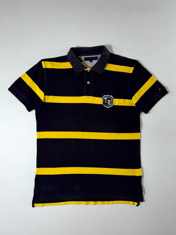 Tommy Hilfiger Striped Rugby Polo — Navy/Yellow TH Crest Patch (L)