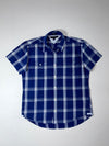 Tommy Hilfiger Navy Blue Plaid Short Sleeve Button-Up Shirt – Custom Fit, (XL)