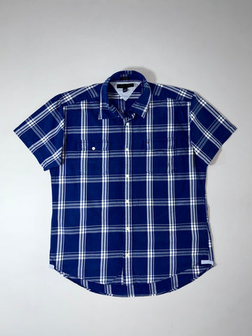 Tommy Hilfiger Navy Blue Plaid Short Sleeve Button-Up Shirt – Custom Fit, (XL)