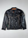 Black Leather-Look Bomber Jacket with Geometric Contrast Stripes & Snap Front (L)