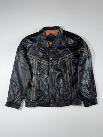 Black Leather-Look Bomber Jacket with Geometric Contrast Stripes & Snap Front (L)