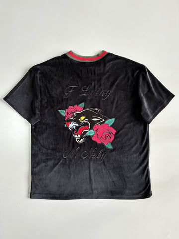 Flying Ninety Embroidered Panther Bowling Shirt – Black (XL)