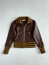 Ichi Brown Leather Bomber Jacket with Mustard Striped Knit Collar & Cuffs, (XS)