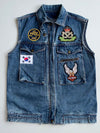 Bang Bang Vintage Denim Biker Vest – Embroidered Patches (Royal Navy, Border Patrol, Eagle) (S)