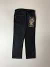 Y2K Japanese Brand Black Denim Jeans – Gold Print Pocket Art, Heian Era Graphics (W:32) (L:37)