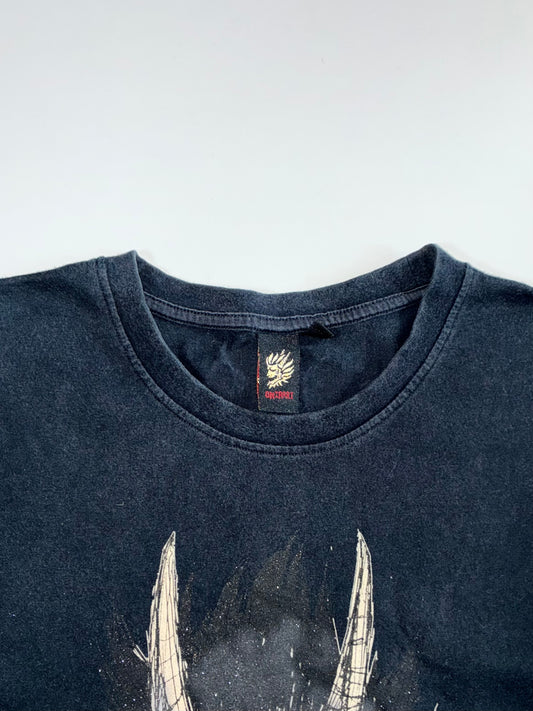 Oniarai Japanese Oni Demon Horned Devil Face Splatter Graphic Faded Black Cotton Long Sleeve T-Shirt (L)
