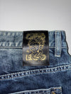 Japanese Oni Leather-Patch Brocade Panel Jeans embroidered (W:42) (L:44.5)