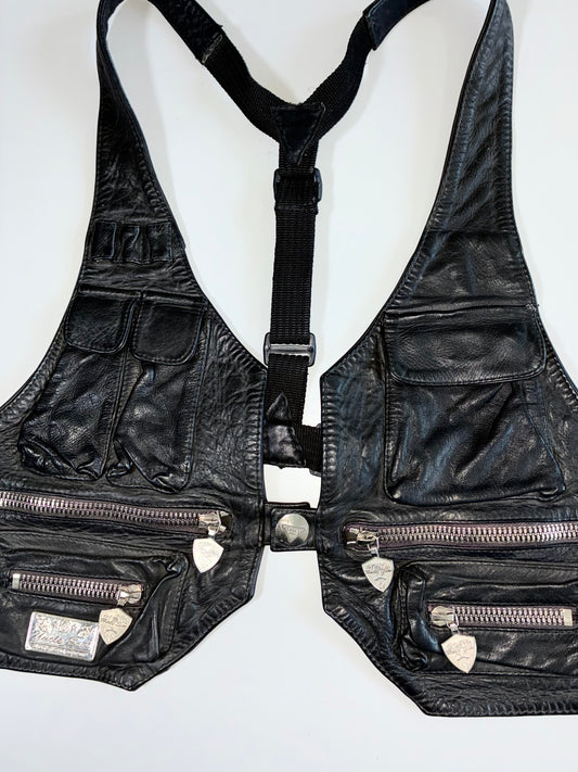 Uncle Sam Sportswear Co. Vintage Black Leather Tactical Chest Rig / Holster Vest (M)