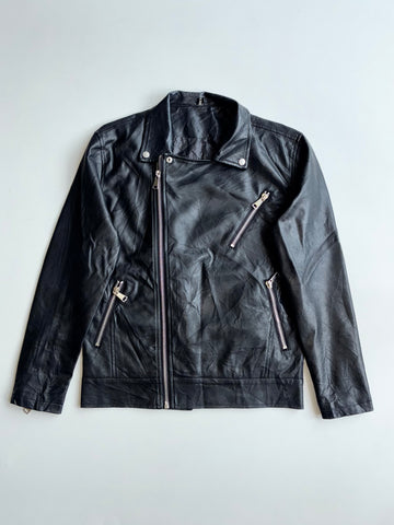 Black Faux Leather Asymmetric Zip Biker Jacket (S)