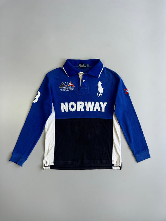 Polo Ralph Lauren Classic Fit Norway NOR #8 Big Pony Sailing Patch Colorblock Long Sleeve Rugby Shirt Blue (M)