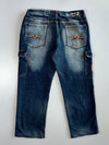 Win-Top Y2K Skull Flame Embroidered Tribal Stitch Cargo Pocket Heavy Whisker Wash Baggy Denim Jeans (W:36 |L:39)