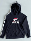 Fila Big Logo Black Pullover Hoodie | Vintage Fila Tape Sleeve Hoodie (S)