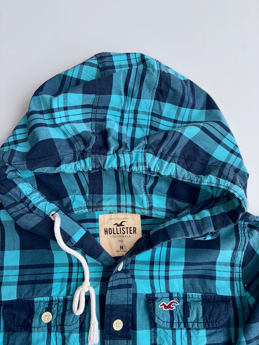 Hollister California Hooded Flannel Shirt – Blue/Navy Plaid (S/M)