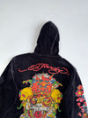 Ed Hardy by Christian Audigier Black Velour Tiger Dragon Skull Rhinestone Embroidered Zip Up Hoodie (M)