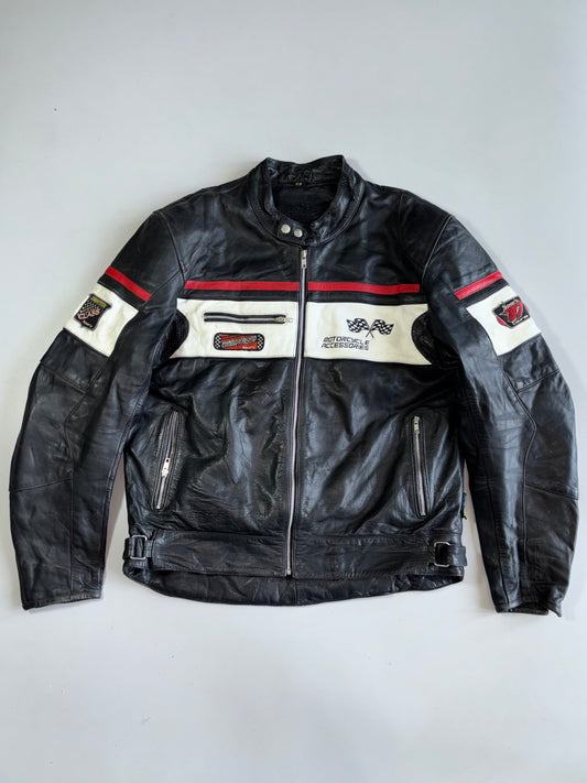 Difi Championship Racing Crossed-Flag Patch Colorblock Leather Moto Jacket Paded (XL)