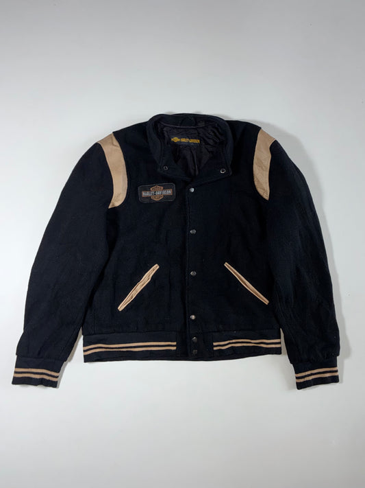 Vintage Harley-Davidson Black Wool Varsity Jacket with Leather Shoulder Panels (L/XL)
