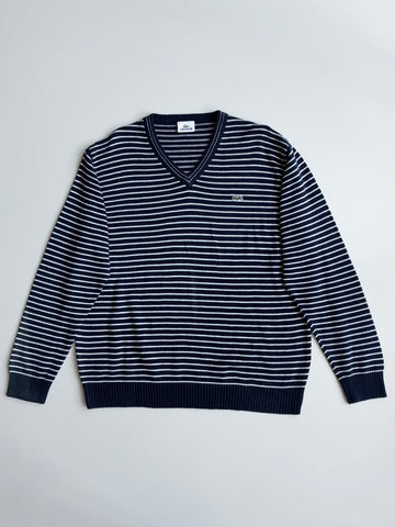 Lacoste Navy Stripe V-Neck Sweater (XL)