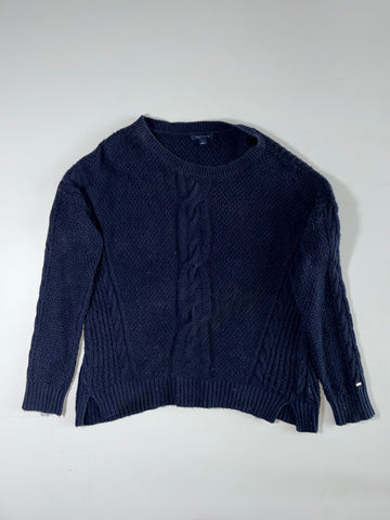 Tommy Hilfiger Women's Navy Chunky Cable Knit Sweater – Side Slits (M)