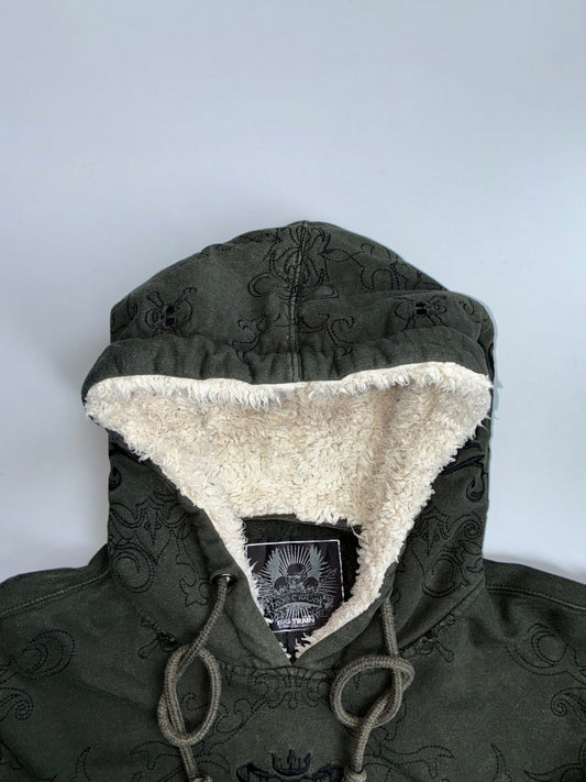 Big Train All-Over Embroidered Skull & Crest Sherpa-Lined Olive Hoodie  M/L
