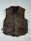 Vintage Distressed Leather Utility Vest – Dark Brown – 4 Pocket Zip Up (S)