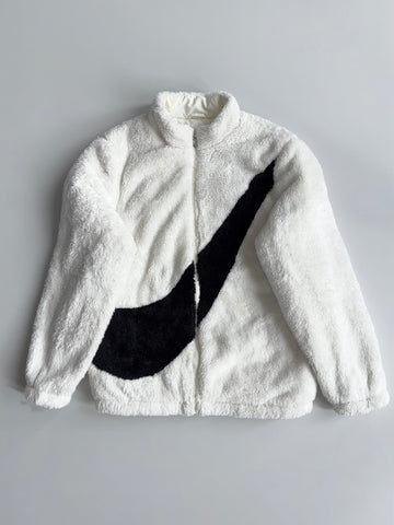 Nike Faux Fur Sherpa Full Zip Jacket — White/Black Swoosh (M)