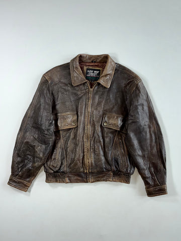 Vintage 90s Outer Wear Concept “Wear Me Out” Distressed Brown Leather Flight Bomber (L)