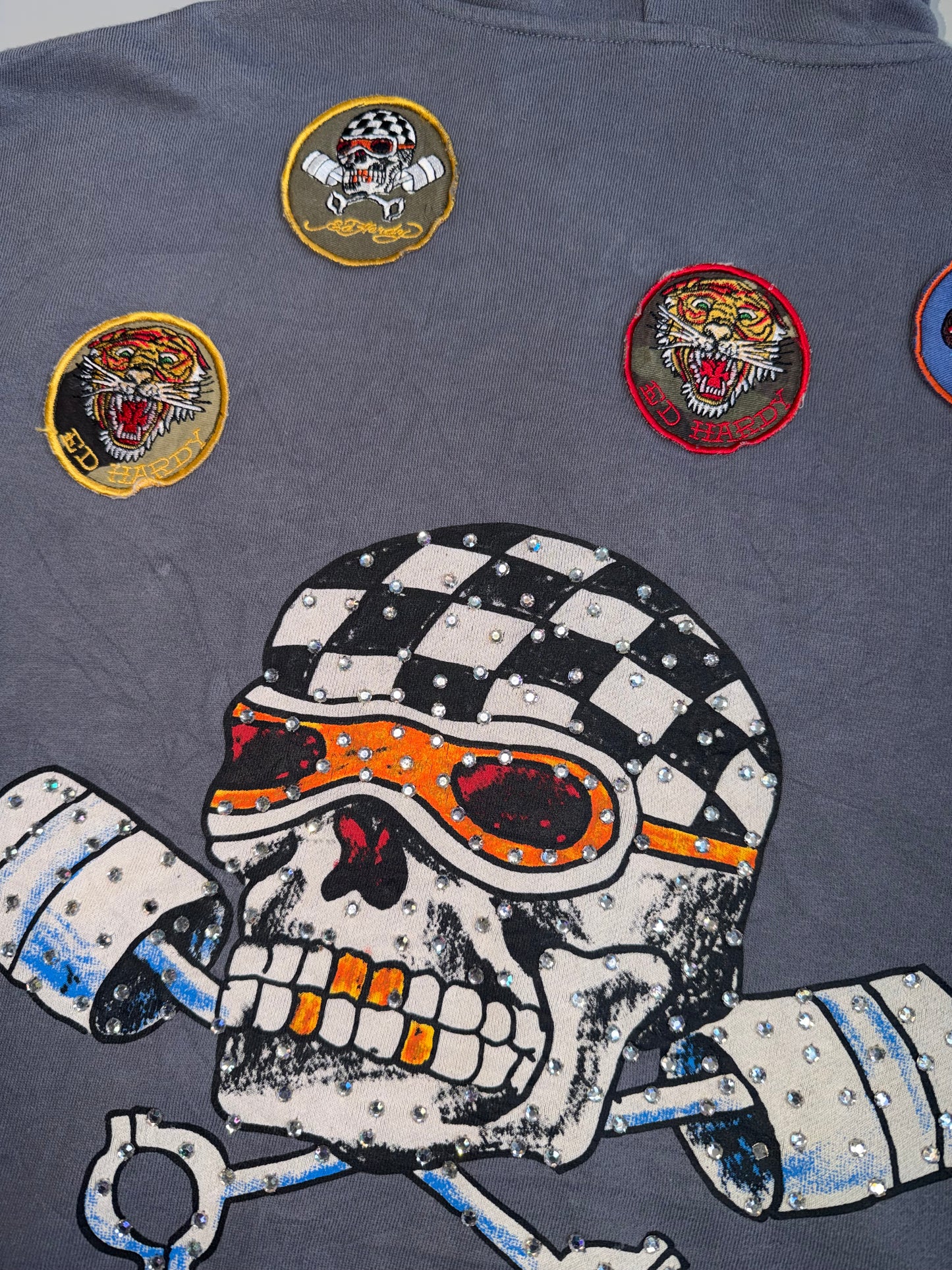 !      Ed Hardy 'Skull & Pistons' Rhinestone Zip-Up Jacket - Slate Grey (U.RARE) (M/L)