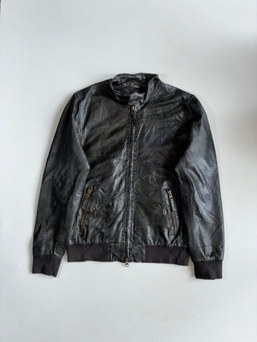 Freaky Nation Distressed Black Leather Bomber Jacket (M)