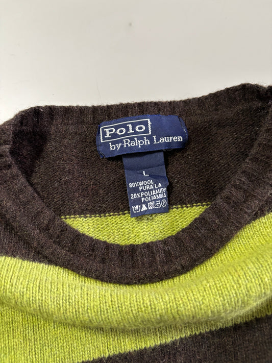 Vintage Polo by Ralph Lauren Brown & Lime Rugby Stripe Wool Sweater (XL)