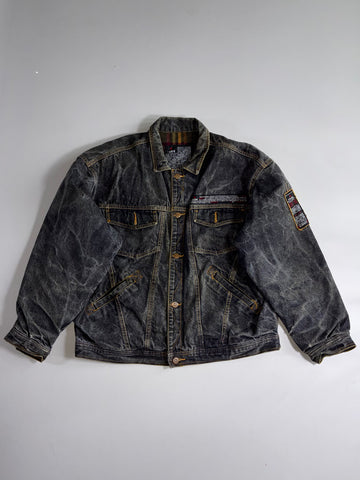 IGOR by Complices Vintage Black Denim Trucker Jacket Distressed Graphic Print Jean Jacket (3XL)