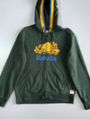 Roots Canada Beaver Logo Full-Zip Hoodie – Forest Green with Gold & Blue Hood (M)