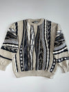 Viaggio 3D Textured Knit Crewneck Sweater, Beige, Black & Grey Abstract Pattern (L/XL)