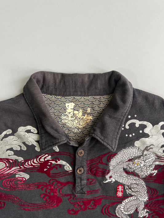 Japanese Dragon Wave Embroidered Polo Long Sleeve T-Shirt (Xl/2Xl)
