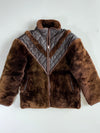 Vintage Italian Brown Sherpa Fur Jacket with Quilted Leather Chevron Yoke – Made in Italy (S/M)