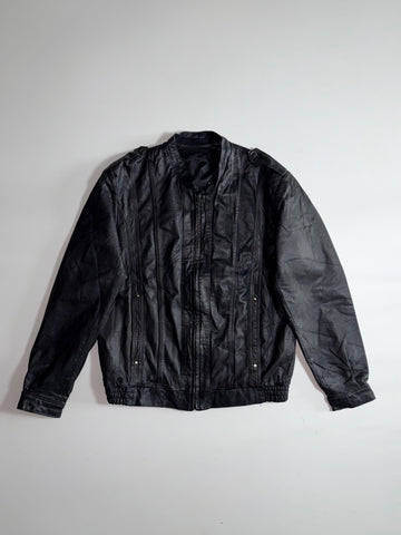 Vintage Leather Bomber Jacket – Black Snap-Tab (S/M)