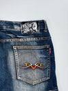 Win-Top Y2K Skull Flame Embroidered Tribal Stitch Cargo Pocket Heavy Whisker Wash Baggy Denim Jeans (W:36 |L:39)