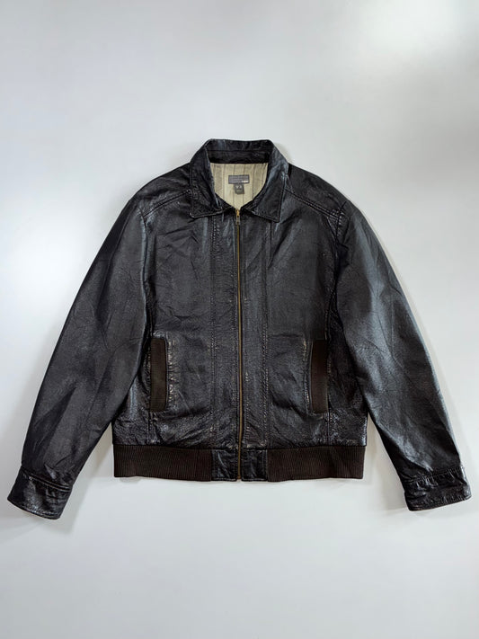 Dark Brown Leather Harrington Jacket (L)