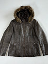 EMC Women’s Dark Brown Leather Hooded Jacket – Faux Fur Trim (M)