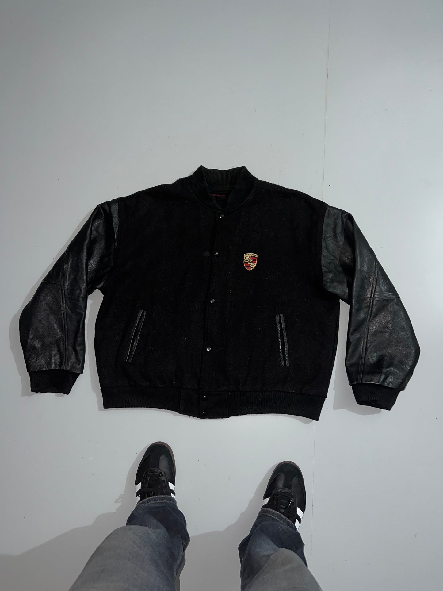 ZVintage Porsche Leather & Wool Letterman Varsity Jacket (RARE FIND) (L/XL)