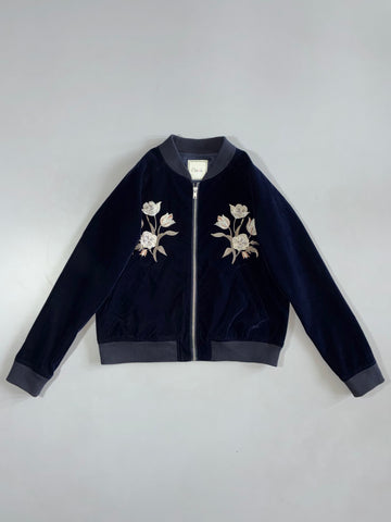 Cheek Navy Velvet Floral Embroidered Bomber Jacket (XS)