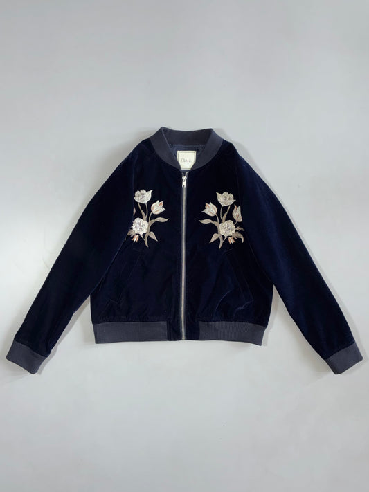 Cheek Navy Velvet Floral Embroidered Bomber Jacket (XS)
