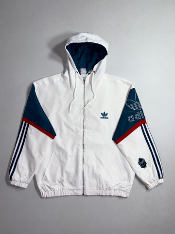 Adidas Originals | White Navy Trefoil Hooded Windbreaker (L)