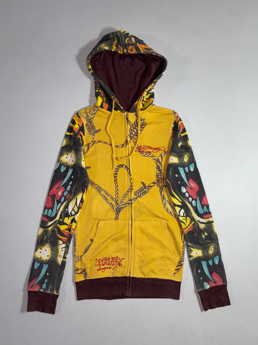 Ed Hardy by Christian Audigier Yellow Panther & Rope Print Zip-Up Hoodie (XS)
