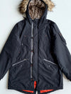 Legender's Black Fishtail Parka – Faux Fur Hood & Orange Quilted Lining (XL)