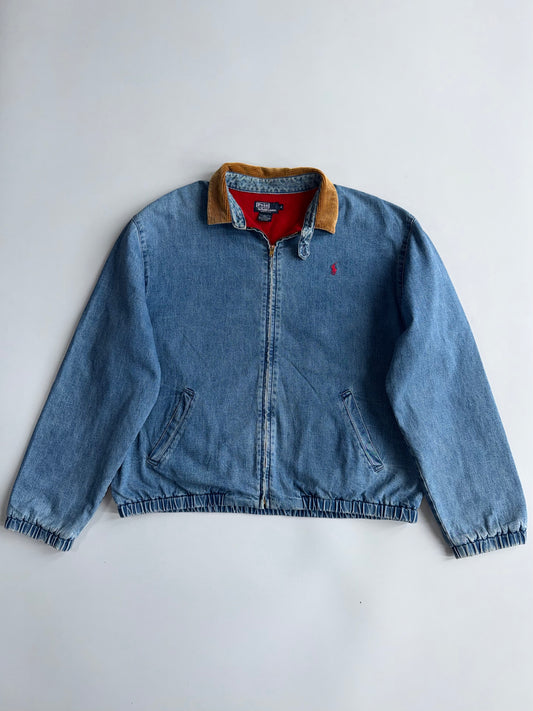 Polo Ralph Lauren Vintage Denim Jacket Corduroy Collar Red Fleece Lined (XL)